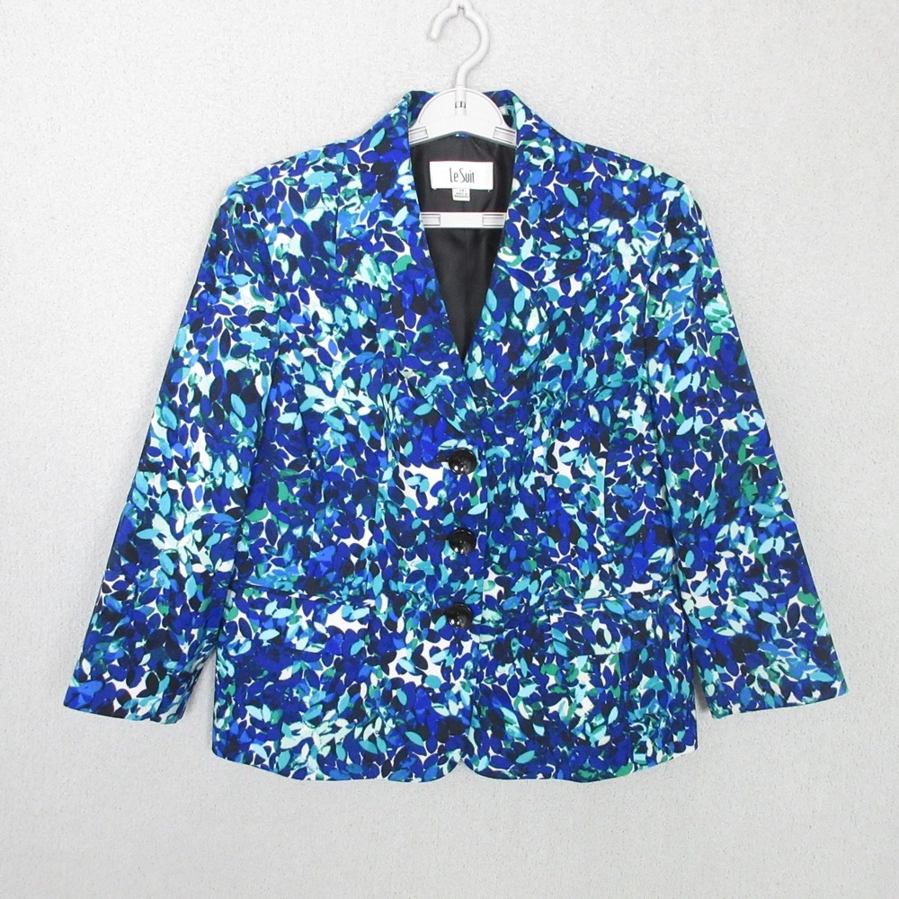 Le Suit Blazer Womens 14 Blue Abstract Leaf Print 3-Button Professional Jacket